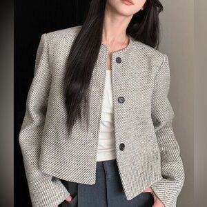 ❤️Hello Gorgeous! Cropped Tweed Button Up Minimalist Jacket - Gray